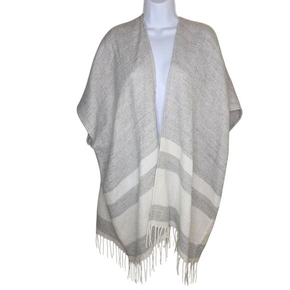 Loft Striped Fringe Open Front Poncho Sweater One Size - Picture 1 of 6